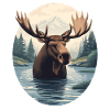 Moose Illustration in Mountain River Landscape