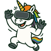 VR-Einhorn-Maskottchen mit Regenbogendetails