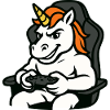 Gaming-Einhorn-Maskottchen im Gamer-Stuhl
