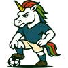Einhorn-Fußballspieler-Maskottchen mit Ball