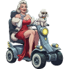 Pinup-Diva auf Mobilitätsroller und Hund
