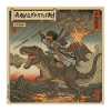 Dackel Samurai-Krieger reitet auf T-Rex Dinosaurier