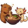 Capybara with Axolotl Eats Noodles Ramen kawaii
