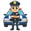 Cartoon Polizist vor Polizeiauto