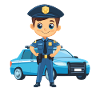 Polizeiheld Cartoon vor Polizeiauto