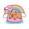 Niedliche Kapybara chillt auf Flamingo-Float-Regenbogen