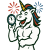 Starkes Einhorn-Zeit-Illustrationsmaskottchen