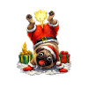 Hund im Weihnachtsanzug mit Geschenken