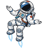 Schwebender Comic Astronaut mit Raketenantrieb