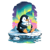 Pinguin am Eis mit Neon-Aurora