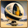 Cosmic sphere over surreal desert island