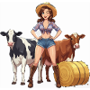 Pin-up-Bauernfrau mit zwei Kühen
