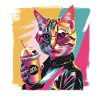 Popart Katze mit Lederjacke und Kaffee