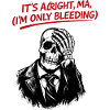 Skeleton in suit with red text