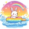 Little bunny surfs rainbow sea