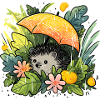 Igel mit Orangenregenschirm im Dschungel