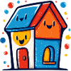 Buntes Haus-Trio mit lachenden Gesichtern