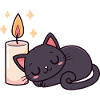 Sleeping black cat and bright candle