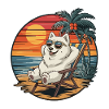 Funny Samoyed Dog on Beach Summer Vacation Sunset