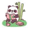 Panda carino che legge un libro vicino alle piante di bambù