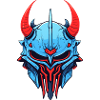 Blauer Dämonenhelm mit roten Hörnern