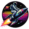 Astronaut on rocket in retro sunset