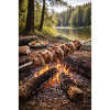 Campfire barbecue skewers by the lake