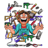 Cheerful craftsman in tool chaos