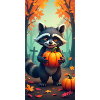 Waschbär mit Kürbissen im Herbstwald