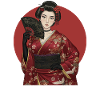 Geisha in red kimono with fan