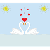 Two white love swans in the water and red hearts