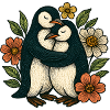 Hugging penguins in flower curtain