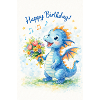 Blauer Drache mit Blumenstrauß