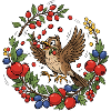 Cheerful bird in a berry wreath