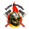 A flaming firefighter's helmet and axes