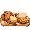 Capybara with pizza on sofa