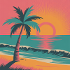 Retro Sunset Palm Over Ocean