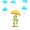 Frosch mit Regenschirm im Regen