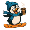 Snow Penguin with Coffee and Scarf