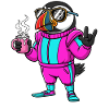 Stylischer Vogel im Ski-Overall mit Kaffee