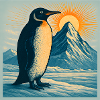 Penguin Sonnenaufgang über Eisbergen