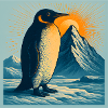 Polar beach penguin at sunrise