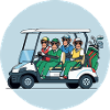Golftruppe im Golfwagen