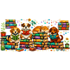 Reading dogs with stacks of books