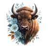 Büffelporträt mit blauen Blumen