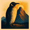Sonnenpinguin am Bergpanorama
