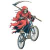 Skeleton in red cape on bicycle