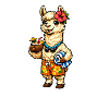 Lama am Strand mit Blumenschmuck