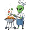 Alien chef grilling vegetables