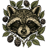 Raccoon face with berry leaves